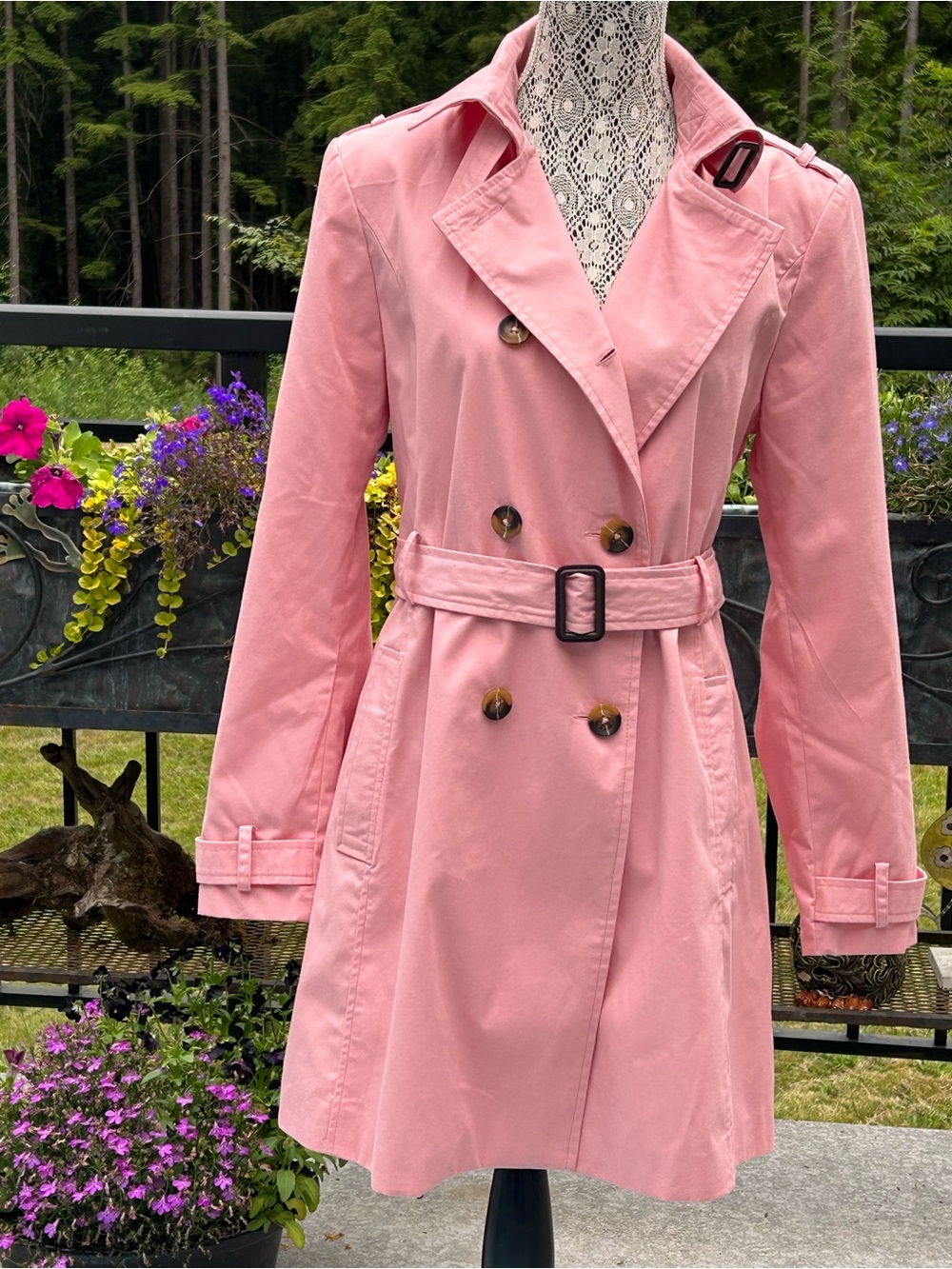 Classic Pink Double-Breasted Trench Coat with Belt
